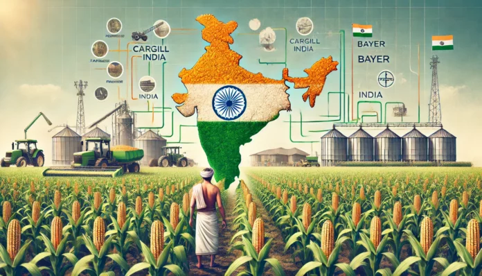 Large maize farm in India with healthy maize plants, golden cobs, a farmer inspecting the crops, the map of India with flag colors, and the corn industry value chain.