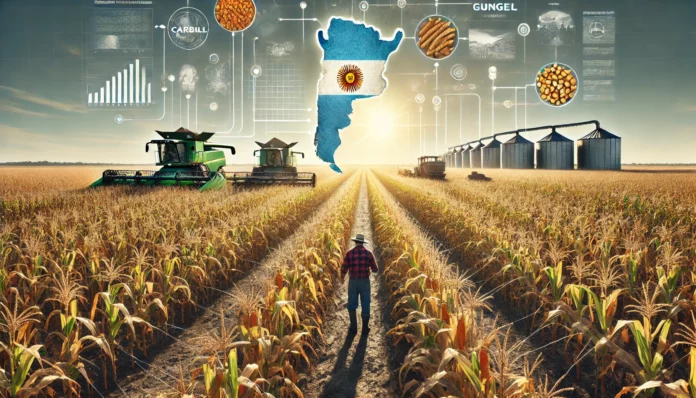 Highly realistic image of a large maize farm in Argentina with healthy maize plants, golden cobs, a farmer inspecting the crops, machinery in the background, and the map of Argentina with flag colors and a value chain representation.