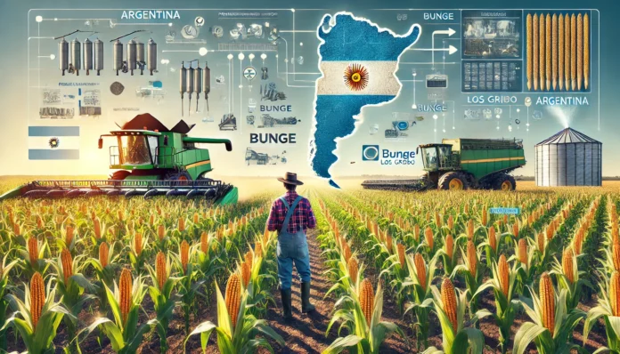 Super realistic image of a large maize farm in Argentina with healthy maize plants, golden cobs, a farmer inspecting the crops, machinery in the background, and the map of Argentina with flag colors and a value chain.