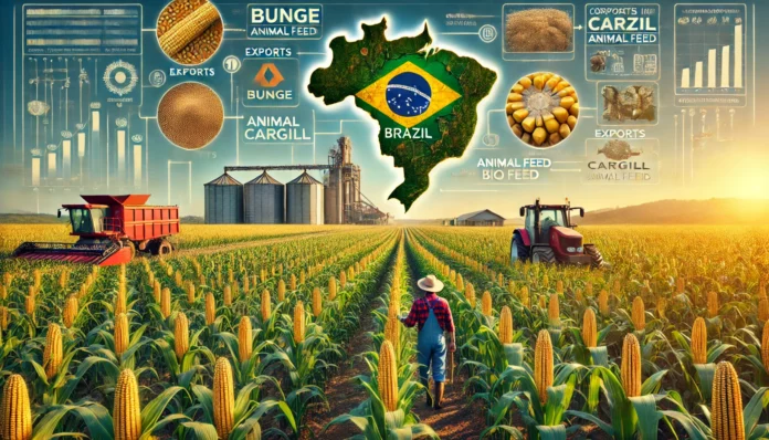 Super realistic image of a large maize farm in Brazil with healthy maize plants, golden cobs, a farmer inspecting the crops, machinery in the background, the map of Brazil with flag colors, and the maize value chain.