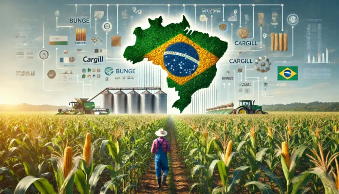 Super realistic image of a large maize farm in Brazil with healthy maize plants, golden cobs, a farmer inspecting the crops, machinery in the background, the map of Brazil with flag colors, and the maize value chain.