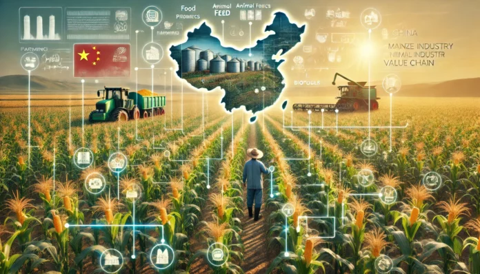 Highly realistic image of a large maize farm in China with healthy maize plants, golden cobs, a farmer inspecting the crops, machinery in the background, the map of China with flag colors, and the maize value chain.