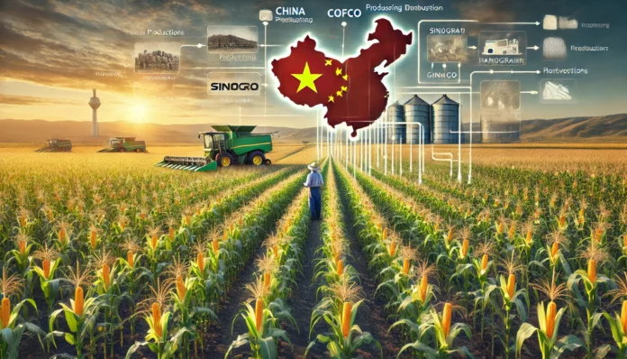 Super realistic image of a large maize farm in China with healthy maize plants, golden cobs, a farmer inspecting the crops, machinery in the background, the map of China with flag colors, and the maize value chain.