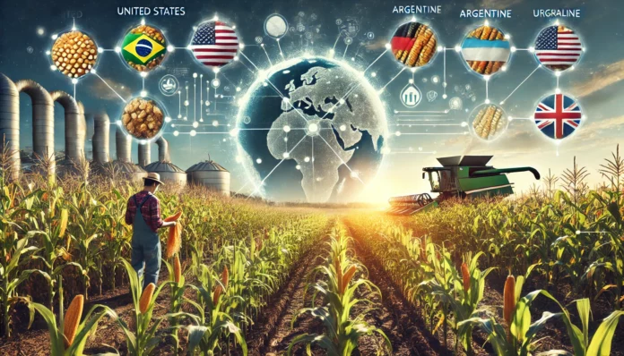 Super realistic image of a large corn farm with globe map, country flags, symbols of the corn value chain, and a farmer inspecting crops.