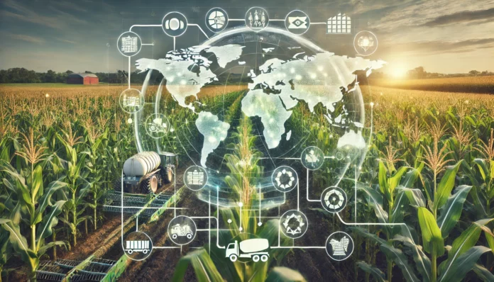 Realistic image showing the global trade of corn with a corn farm, farm machinery, world map highlighting top corn importers and exporters, and value chain symbols.