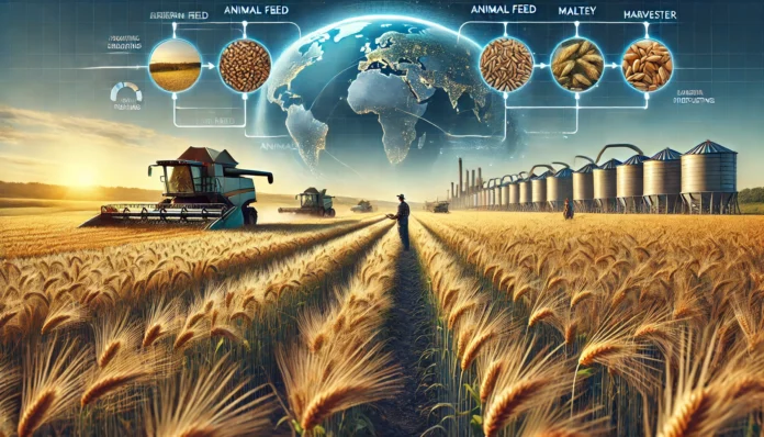 Super realistic image of a large barley farm with healthy barley plants, golden heads, a farmer inspecting the crops, farm machinery working, global map, and barley value chain.