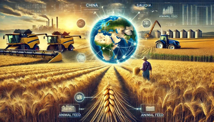 Extremely realistic image showing a global barley farm with healthy barley heads, a farmer inspecting crops, machinery working in the background, global map, and barley value chain.