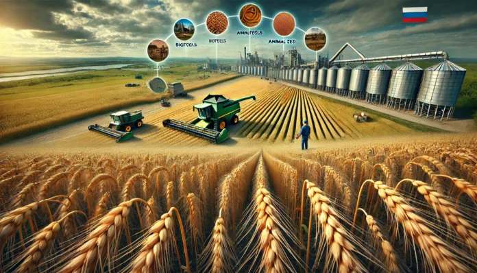 Extremely realistic image showing a large barley farm in Russia with healthy barley plants, golden heads, a farmer inspecting crops, global map, and barley value chain.