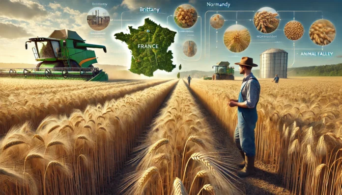 Extremely realistic image of a large barley farm in France with healthy barley plants, a farmer inspecting crops, machinery in the background, France map, and barley value chain.