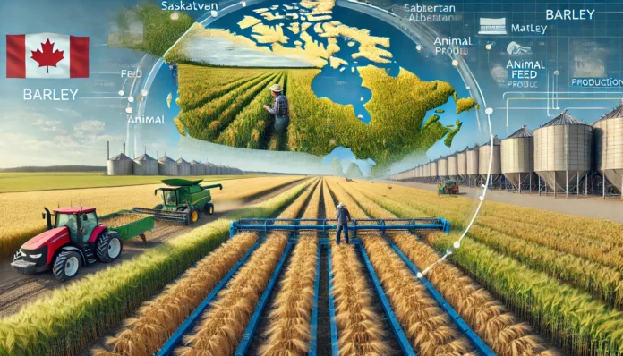 Realistic image of a large barley farm in Canada with healthy barley plants, a farmer inspecting crops, machinery in the background, Canada map, and barley value chain.