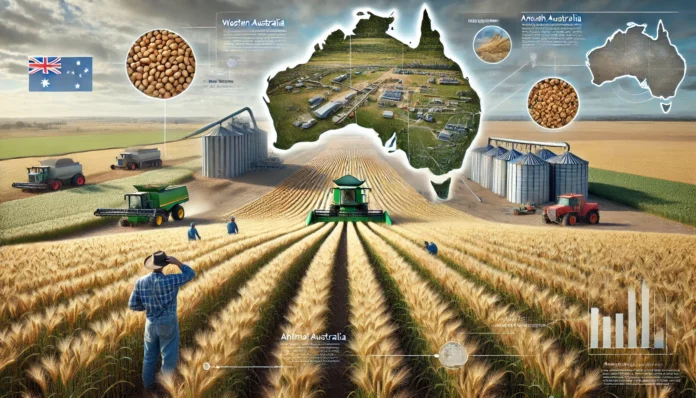 Realistic image of a large barley farm in Australia with healthy barley plants, a farmer inspecting crops, machinery in the background, Australia map, and barley value chain.