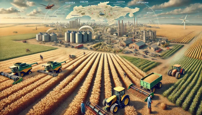 Barley Farming and Global Trade in Ukraine Realistic image of a large barley farm in Ukraine with healthy barley plants, a farmer inspecting crops, machinery in the background, Ukraine map, and barley value chain.