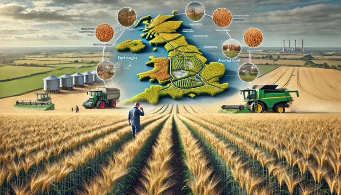 Realistic image of a large barley farm in the United Kingdom with healthy barley plants, a farmer inspecting crops, machinery in the background, UK map, and barley value chain.