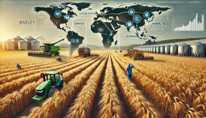 Realistic image of a large barley farm globally with healthy barley plants, a farmer inspecting crops, machinery in the background, world map, and barley value chain.