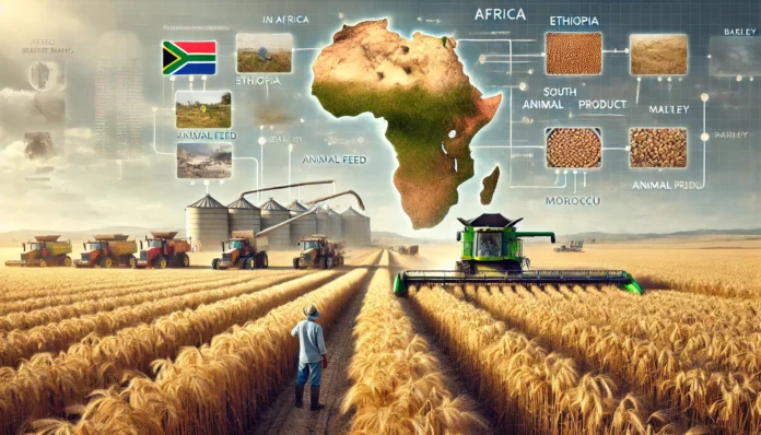 Realistic image of a large barley farm in Africa with healthy barley plants, a farmer inspecting crops, machinery in the background, Africa map, and barley value chain.