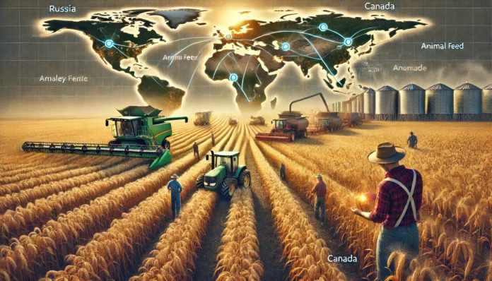 Realistic image of large barley farms across the world with healthy barley plants, a farmer inspecting crops, machinery in the background, world map, and barley value chain.