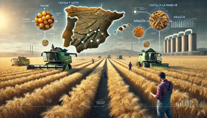 Realistic image of large barley farms in Spain with healthy barley plants, a farmer inspecting crops, machinery in the background, Spain map, and barley value chain.