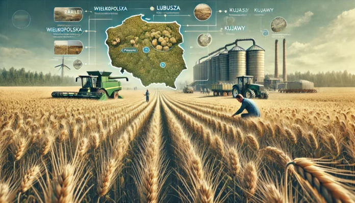 Realistic image of large barley farms in Poland with healthy barley plants, a farmer inspecting crops, machinery in the background, Poland map, and barley value chain.