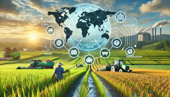 Realistic image of a large rice farm globally with lush rice fields, a farmer inspecting crops, machinery in the background, world map, and rice value chain.