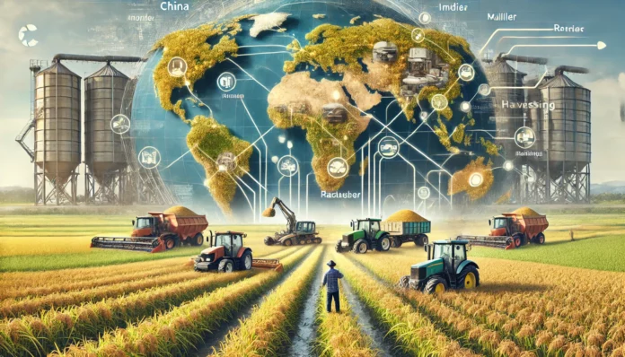 Realistic image of a large-scale rice farm with healthy rice fields, farmer inspecting crops, machinery in the background, world map, and rice value chain.