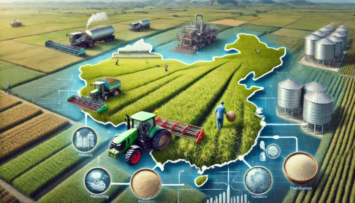 Realistic image of large-scale rice farms in China with healthy rice fields, a farmer inspecting crops, machinery in the background, China map, and rice value chain.