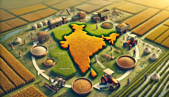 Realistic image of a large rice farm in India with healthy rice fields, a farmer inspecting crops, machinery in the background, India map, and rice value chain.