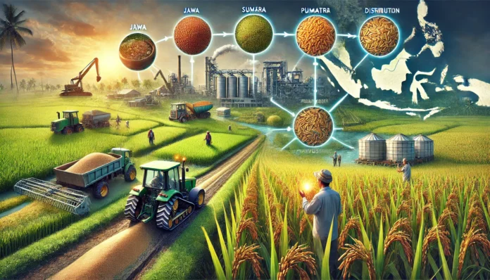 Realistic image of large-scale rice farming in Indonesia with lush rice fields, a farmer inspecting crops, machinery in the background, Indonesia map, and rice value chain.