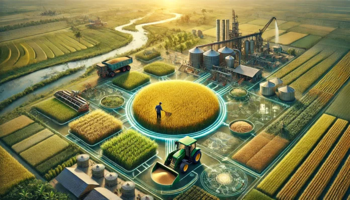 Realistic image of large-scale rice farming in Vietnam with healthy rice fields, a farmer inspecting crops, machinery in the background, Vietnam map, and rice value chain.