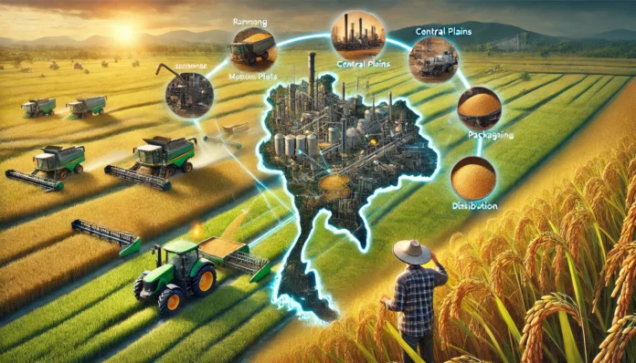 Realistic image of large-scale rice farming in Thailand with healthy rice fields, a farmer inspecting crops, machinery in the background, Thailand map, and rice value chain.