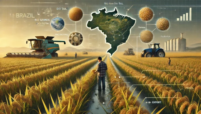 Realistic image of large-scale rice farming in Brazil with healthy rice fields, a farmer inspecting crops, machinery in the background, Brazil map, and rice value chain.