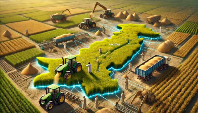 Realistic image of large-scale rice farming in Pakistan with rice fields, a farmer inspecting crops, machinery in the background, Pakistan map, and rice value chain.