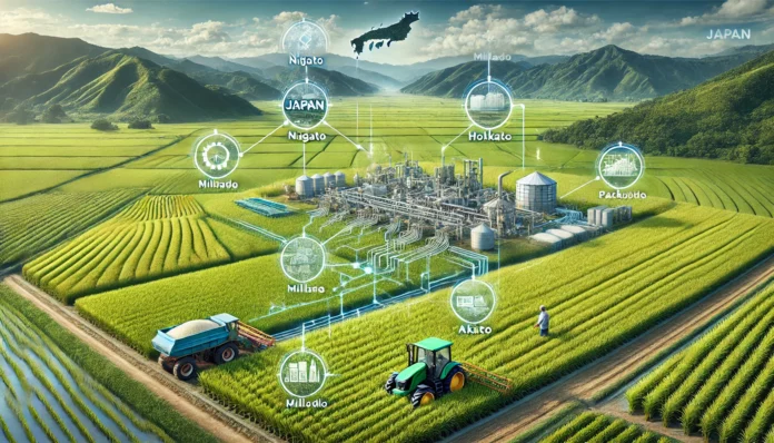 Realistic image of large-scale rice farming in Japan with healthy rice fields, farm machinery, a farmer inspecting crops, Japan map, and rice value chain.