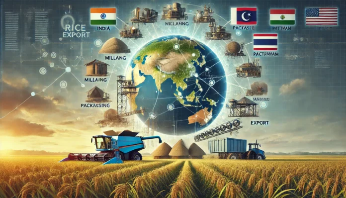 Realistic image of global rice export market with rice fields, farm machinery, a map of key rice-exporting countries, and the rice value chain.