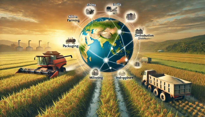 Realistic image showing the global rice import market with rice fields, farm machinery, a globe map highlighting key rice-importing countries, and the rice value chain.