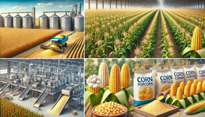 Corn value chain from harvest to retail, showcasing corn processing, packaging, and corn products like popcorn, tortillas, and cornmeal.