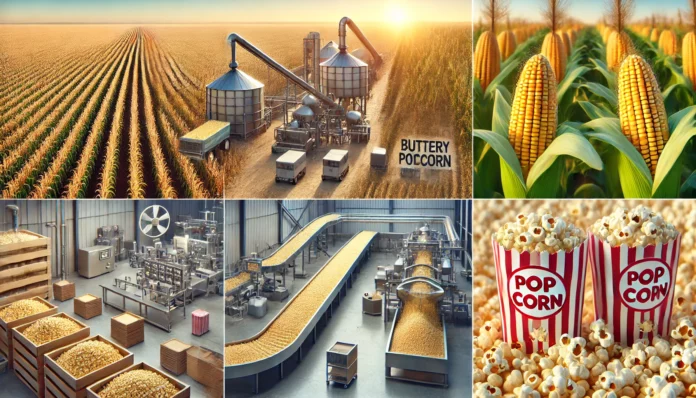 Popcorn value chain from field to retail, showcasing corn harvesting, processing into popcorn, and packaged popcorn products.