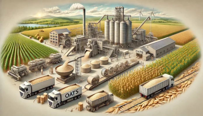 Oats Production Value Chain - From Farming to Distribution Realistic illustration of the oats production value chain, from farming and harvesting to processing, packaging, and distribution.