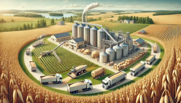 Oats Production Value Chain in Finland - From Farm to Market Realistic illustration of the oats production value chain in Finland, from farming in expansive fields to harvesting, milling, packaging, and transportation.