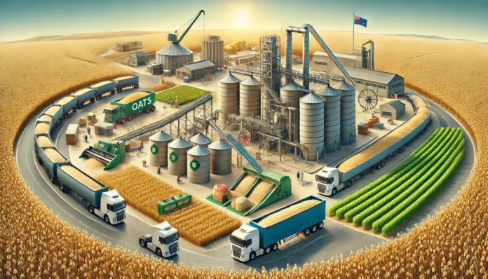 Oats Production Value Chain in Australia - From Farm to Market Realistic illustration of the oats production value chain in Australia, from farming and harvesting to milling, packaging, and transportation.