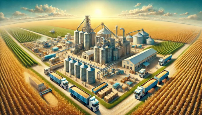 Oats Production Value Chain in Argentina - From Farm to Market Realistic illustration of the oats production value chain in Argentina, from farming and harvesting to milling, packaging, and transportation.