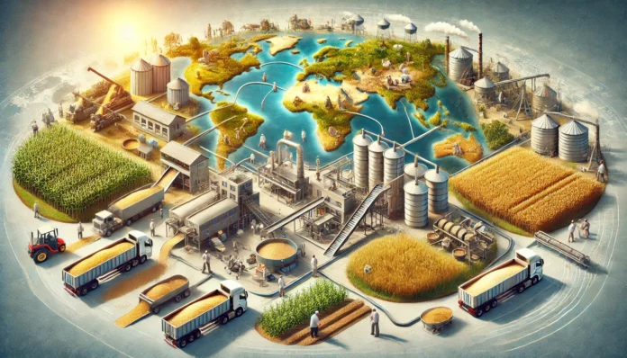 A detailed and realistic image depicting the global cereal value chain, including stages like farming, harvesting, processing, packaging, and distribution of grains like maize, rice, and wheat.