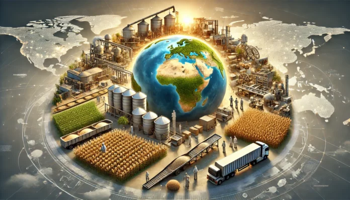 A detailed and realistic image depicting the global sorghum value chain, showing stages such as farming, harvesting, processing, packaging, and distribution.