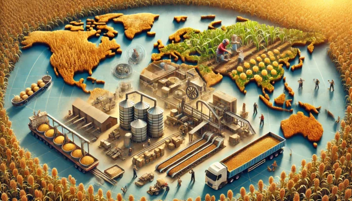 World’s Top 10 Sorghum Exporters A highly realistic image illustrating the global sorghum export value chain, including farming, harvesting, processing, packaging, and transportation stages.