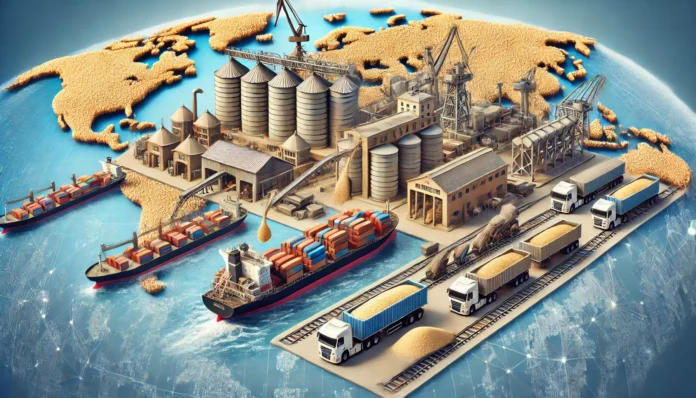 The World’s Top 10 Sorghum Importers A highly realistic image illustrating the global sorghum import value chain, including transportation, shipping, storage, processing, and distribution stages.