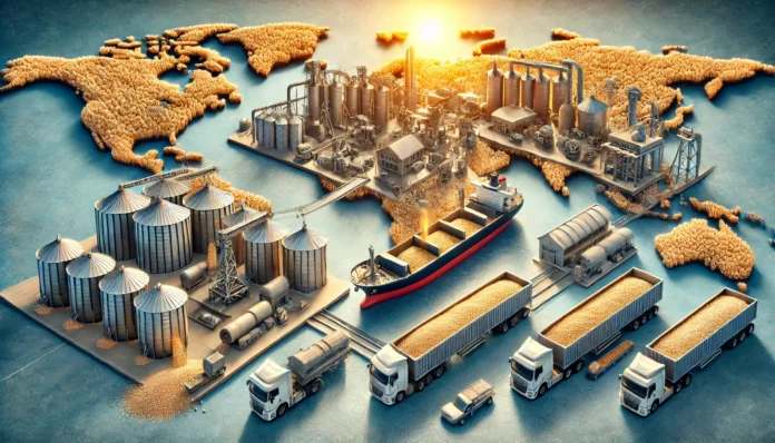 Report on the World’s Top 10 Sorghum Import Companies A highly realistic image illustrating the global sorghum import value chain, including transportation, storage, processing, shipping, and distribution stages.