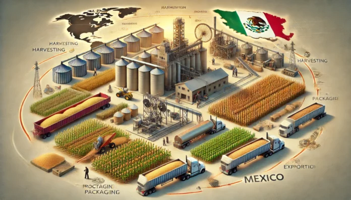 A highly realistic image illustrating the sorghum production value chain in Mexico, from farming and harvesting to processing, storage, and transportation.