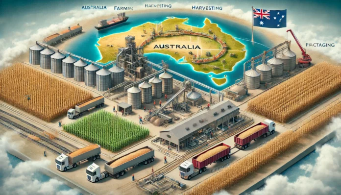 A highly realistic image illustrating the sorghum production value chain in Australia, from farming and harvesting to processing, storage, and transportation.