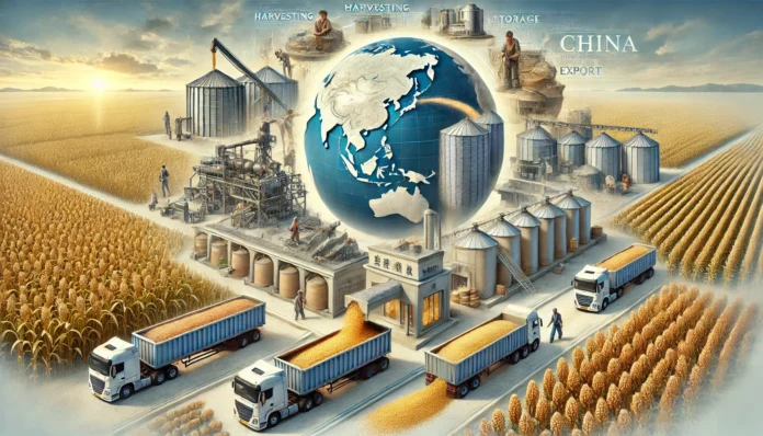 Top 10 Sorghum Producing Companies in China A highly realistic image illustrating the sorghum production value chain in China, from farming and harvesting to processing, storage, and transportation.