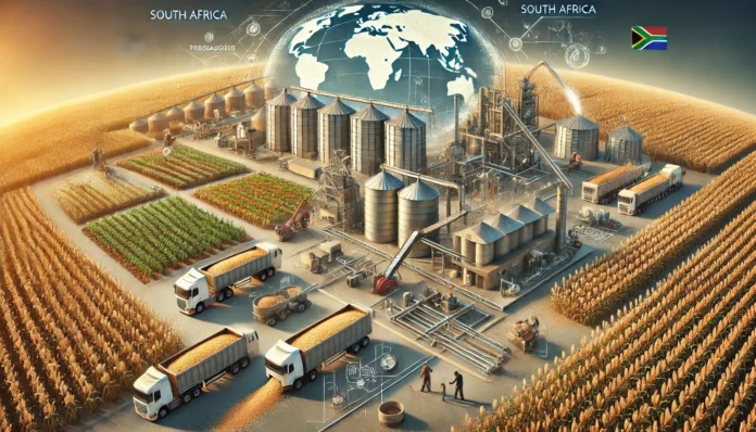 Top 10 South African Sorghum Producing Companies in South Africa A highly realistic image illustrating the sorghum production value chain in South Africa, from farming and harvesting to processing, storage, and transportation.