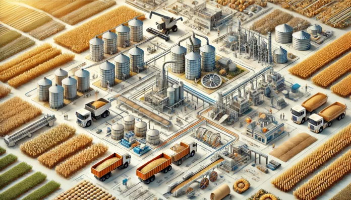 Wheat Production Value Chain in India - From Farm to Export Wheat production value chain in India, showcasing farming, storage, milling, processing, and export stages.